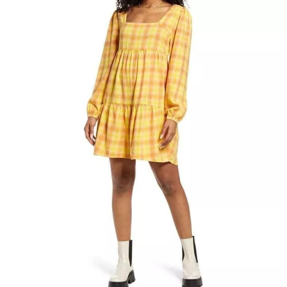 NWT bp Yellow Plaid Long Sleeve Mini Dress - Size: XS